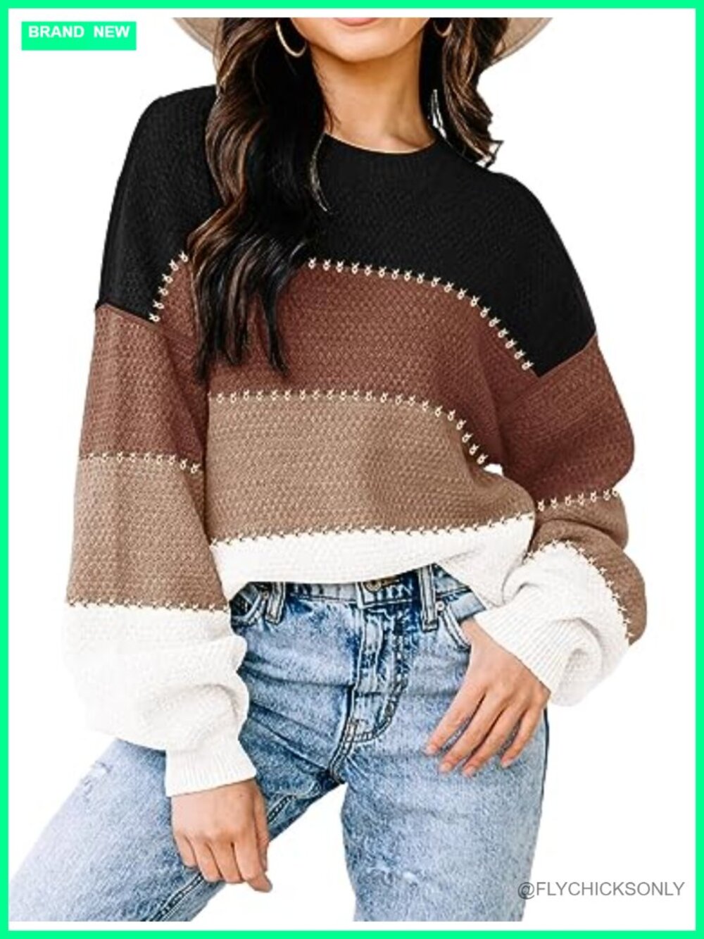 Womens Oversized Color Block Knit Pullover Sweater Batwing Sleeve